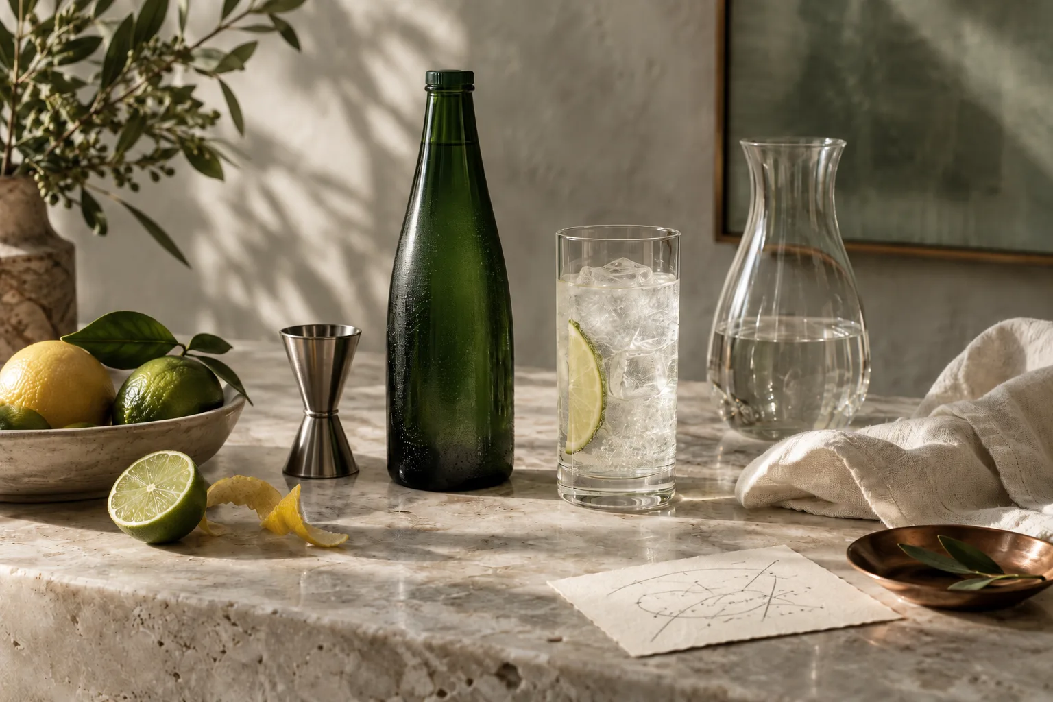 Unbranded bottle, measuring jigger, and glass arranged to illustrate serving calculations