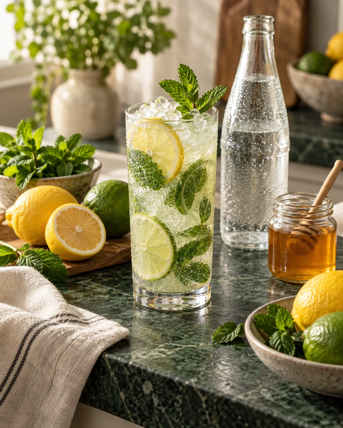 A citrus and mint non-alcoholic cooler prepared in a tall glass.