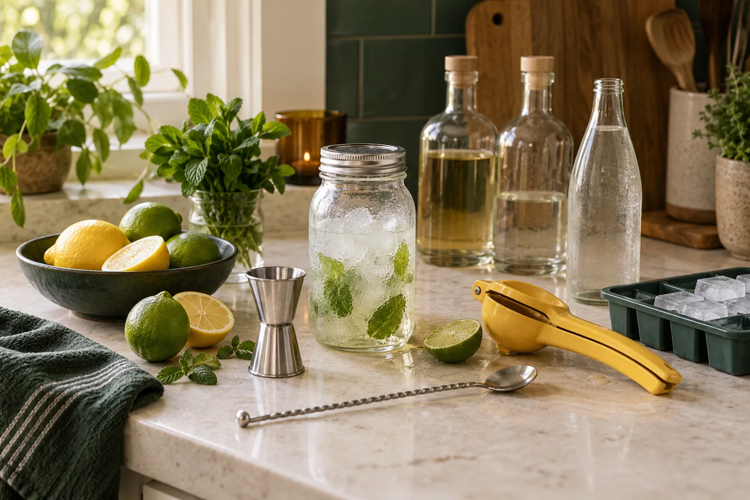 A compact mocktail setup using a jar, jigger, citrus press, spoon, and ice tray.