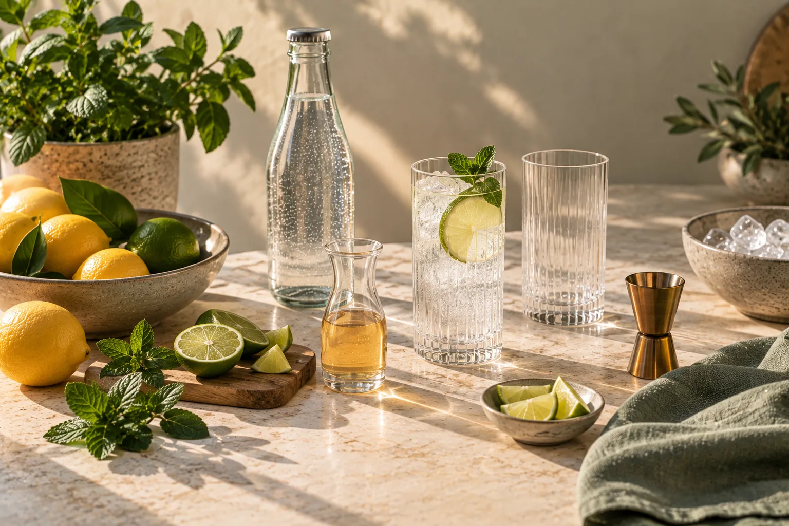 Lemons, limes, mint, sparkling water and syrup arranged beside glasses