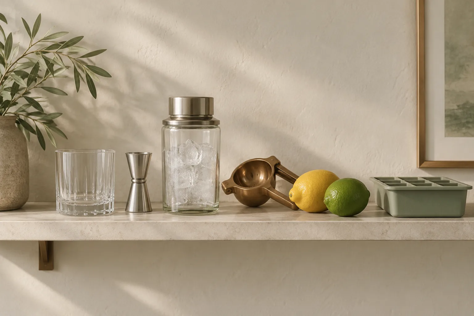 A compact non-alcoholic home-bar shelf with a glass, jigger, lidded jar, citrus press, and ice tray