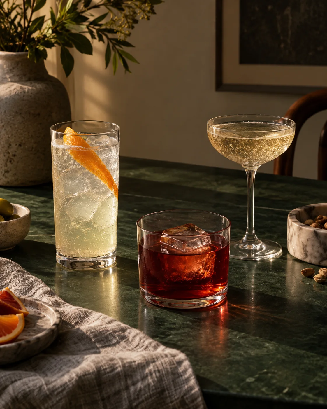 Three different non-alcoholic drinks arranged for choosing, mixing, and serving.