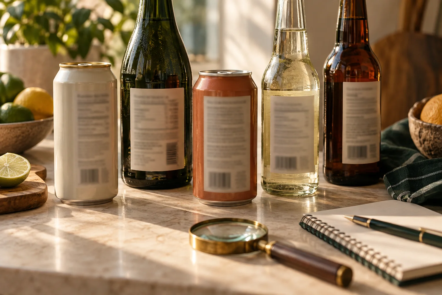 A non-alcoholic drink label being read alongside a glass and notes.