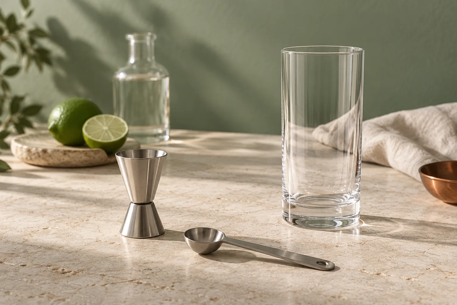 A jigger and measuring spoon beside an empty highball glass