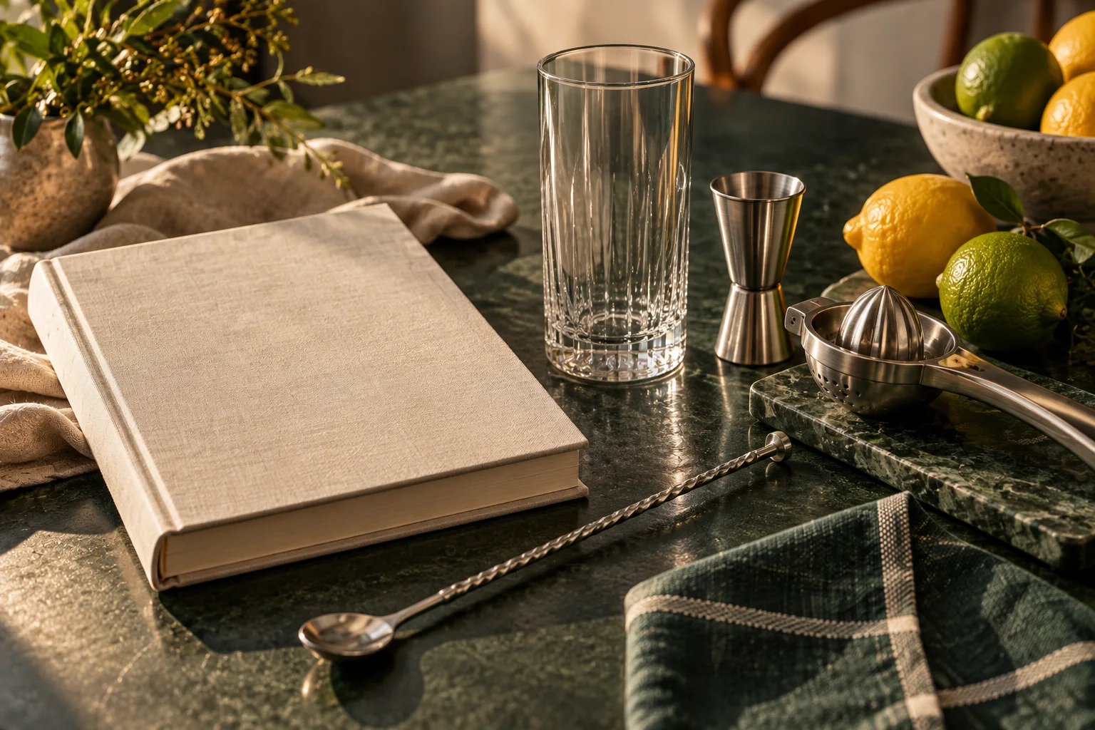 Useful mocktail tools and ingredients arranged as a practical gift set.