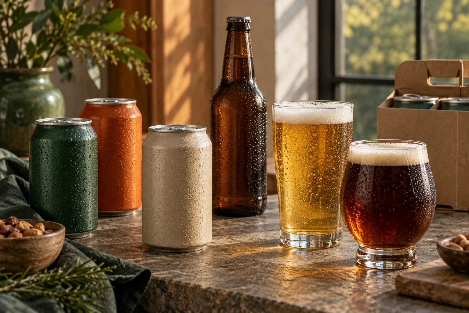 A selection of non-alcoholic beer formats arranged for an editorial guide.