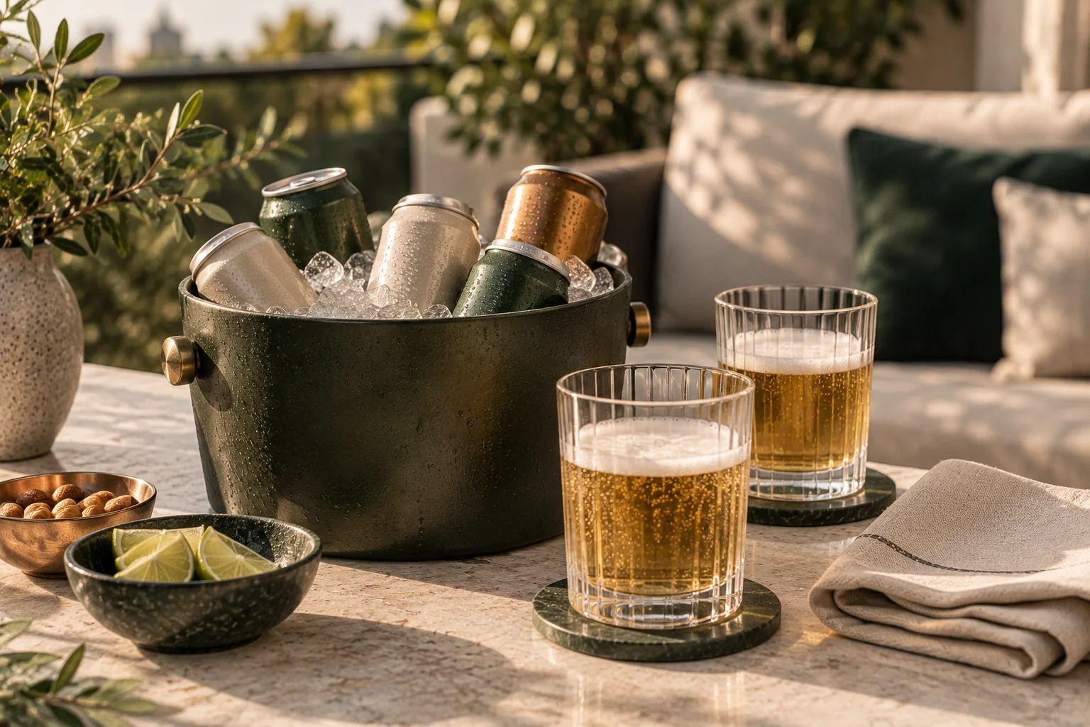 Unbranded beer cans in an ice bucket beside two filled glasses