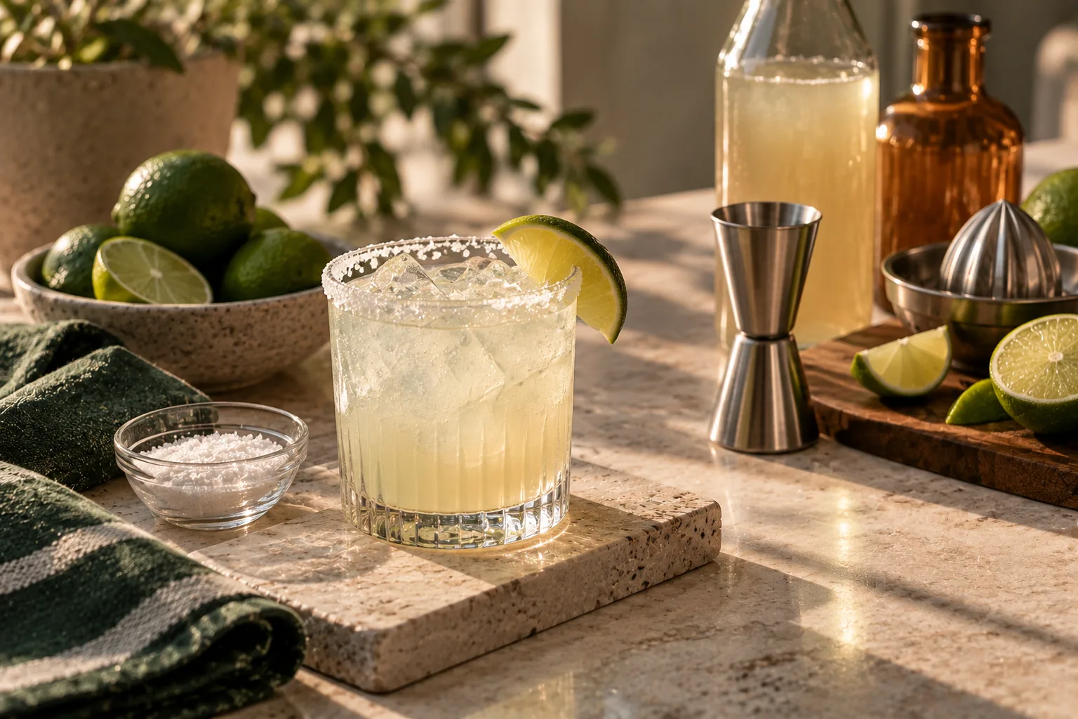 Illustrative unbranded margarita-style drink with lime, salt, citrus, and a jigger