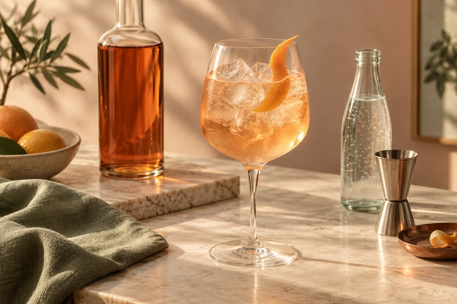Illustrative unbranded aperitif spritz still life with sparkling water and a measure