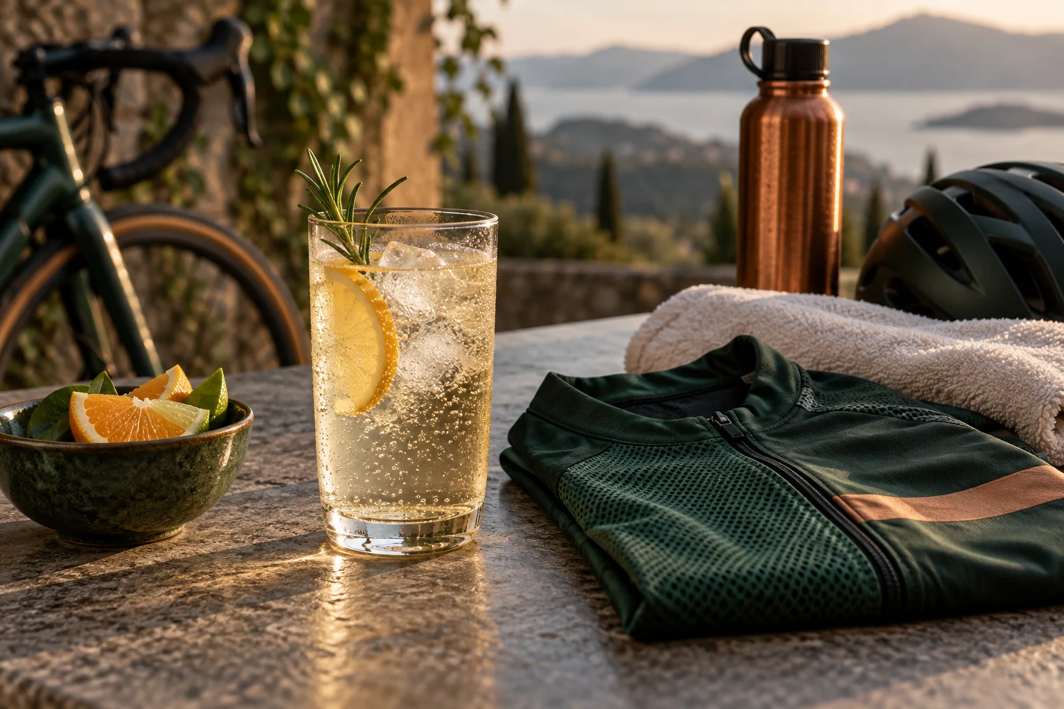 A premium non-alcoholic sparkling drink arranged beside folded cycling gear after activity.