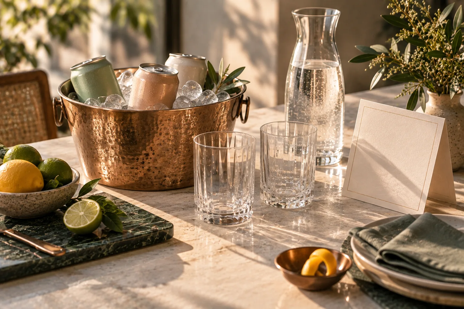 Unbranded canned drinks chilled for a gathering beside empty glasses and a water carafe