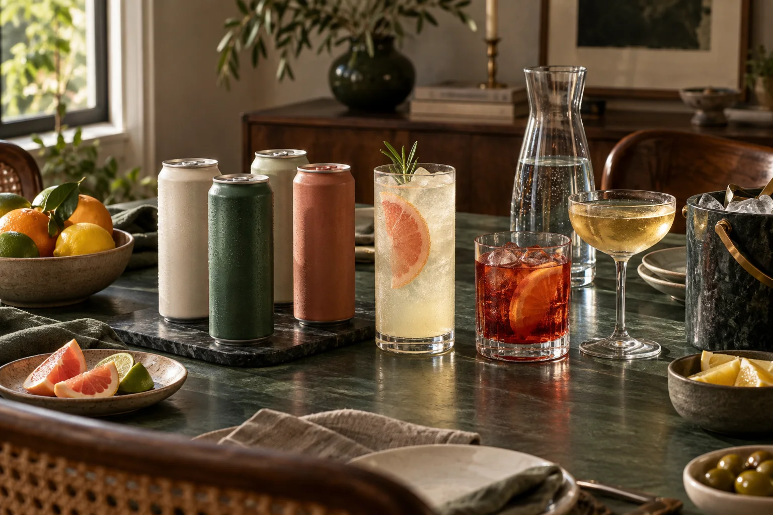 Ready-to-drink non-alcoholic beverages arranged for a small gathering.