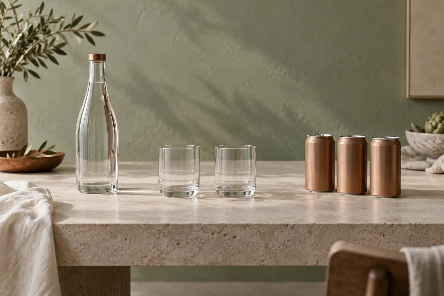 An unbranded bottle and three plain cans separated by empty glasses