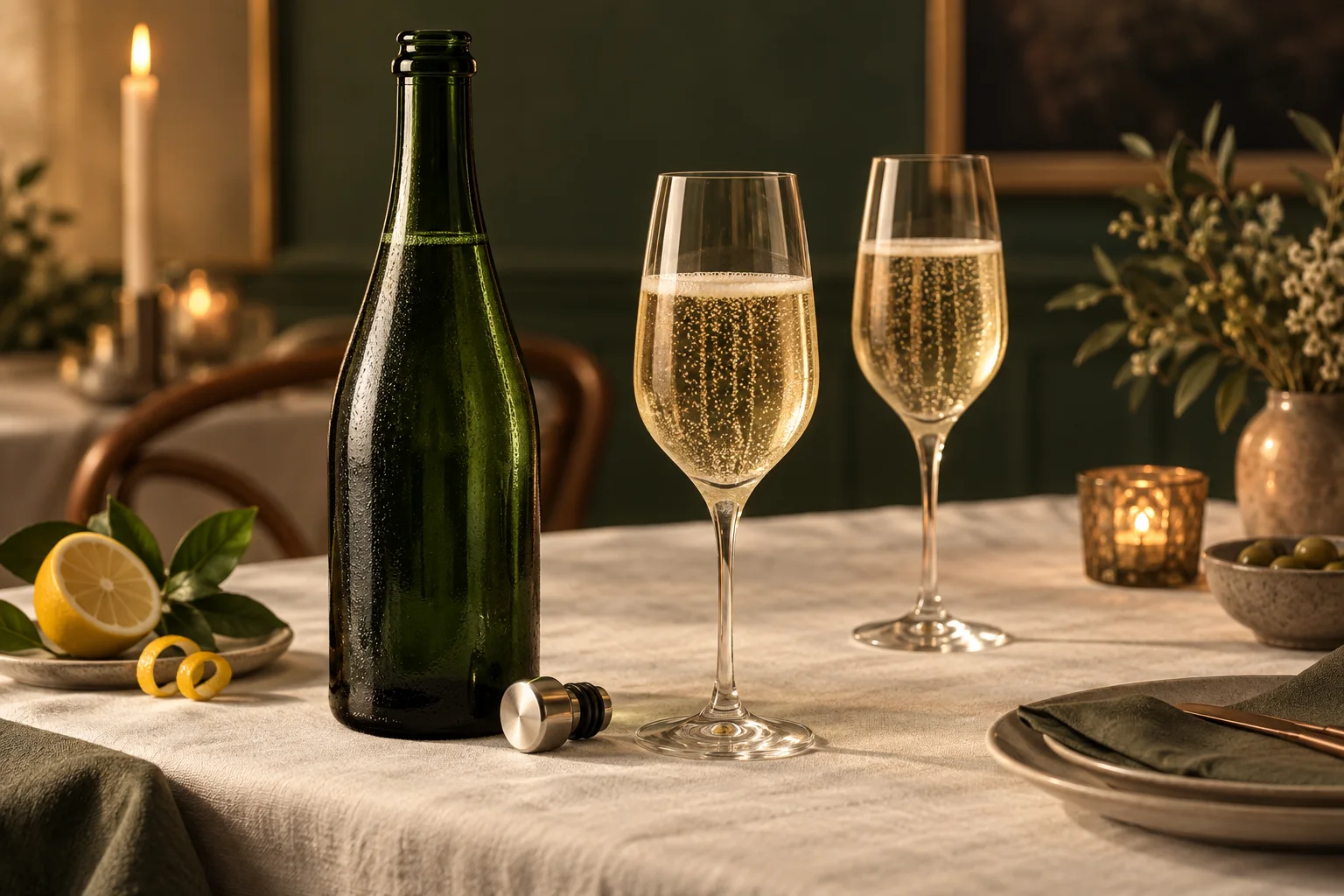 A chilled non-alcoholic sparkling bottle and glasses prepared for serving.