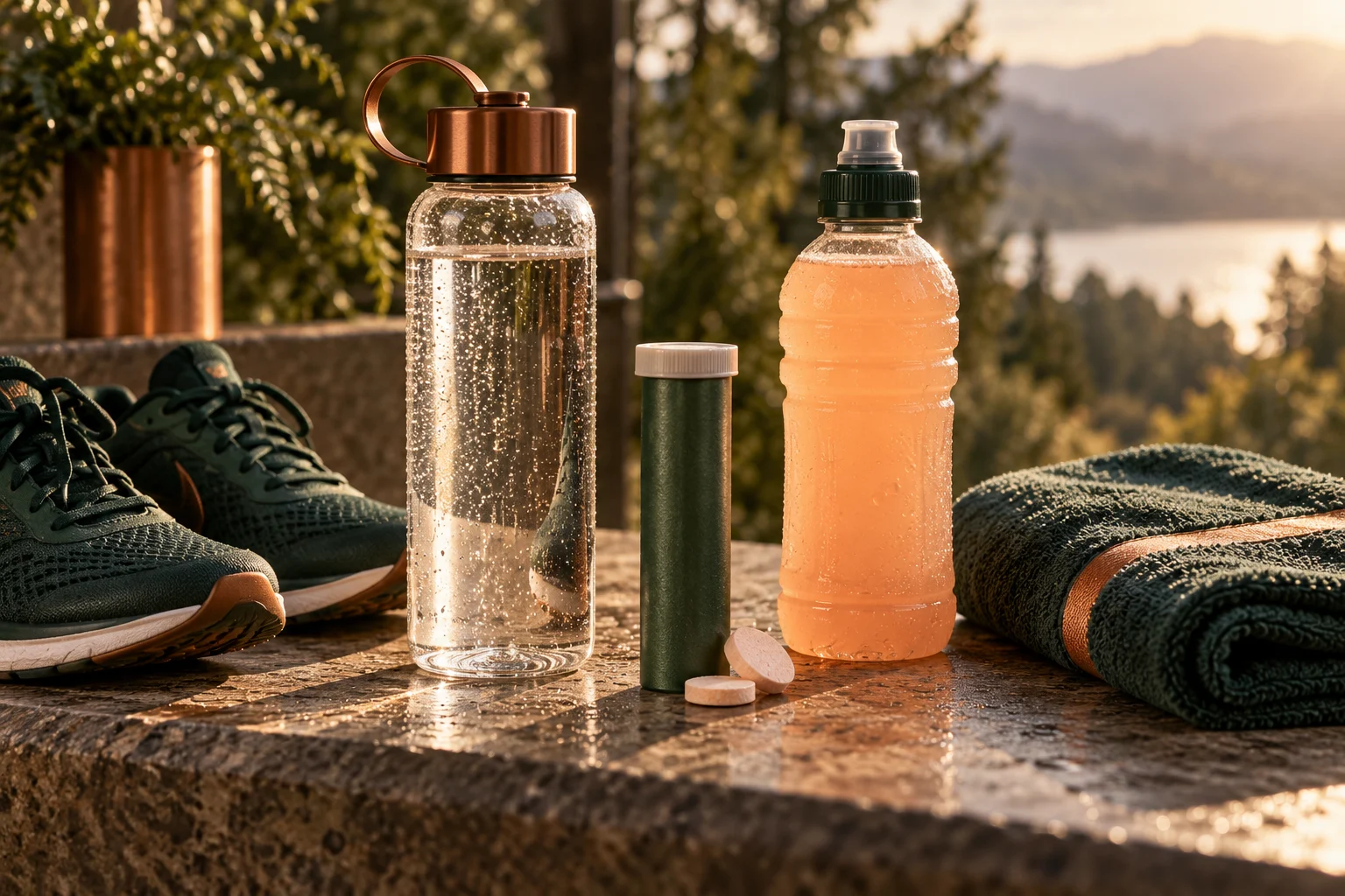 A premium editorial arrangement of water, an electrolyte tablet, a sports drink, running shoes, and a folded towel.