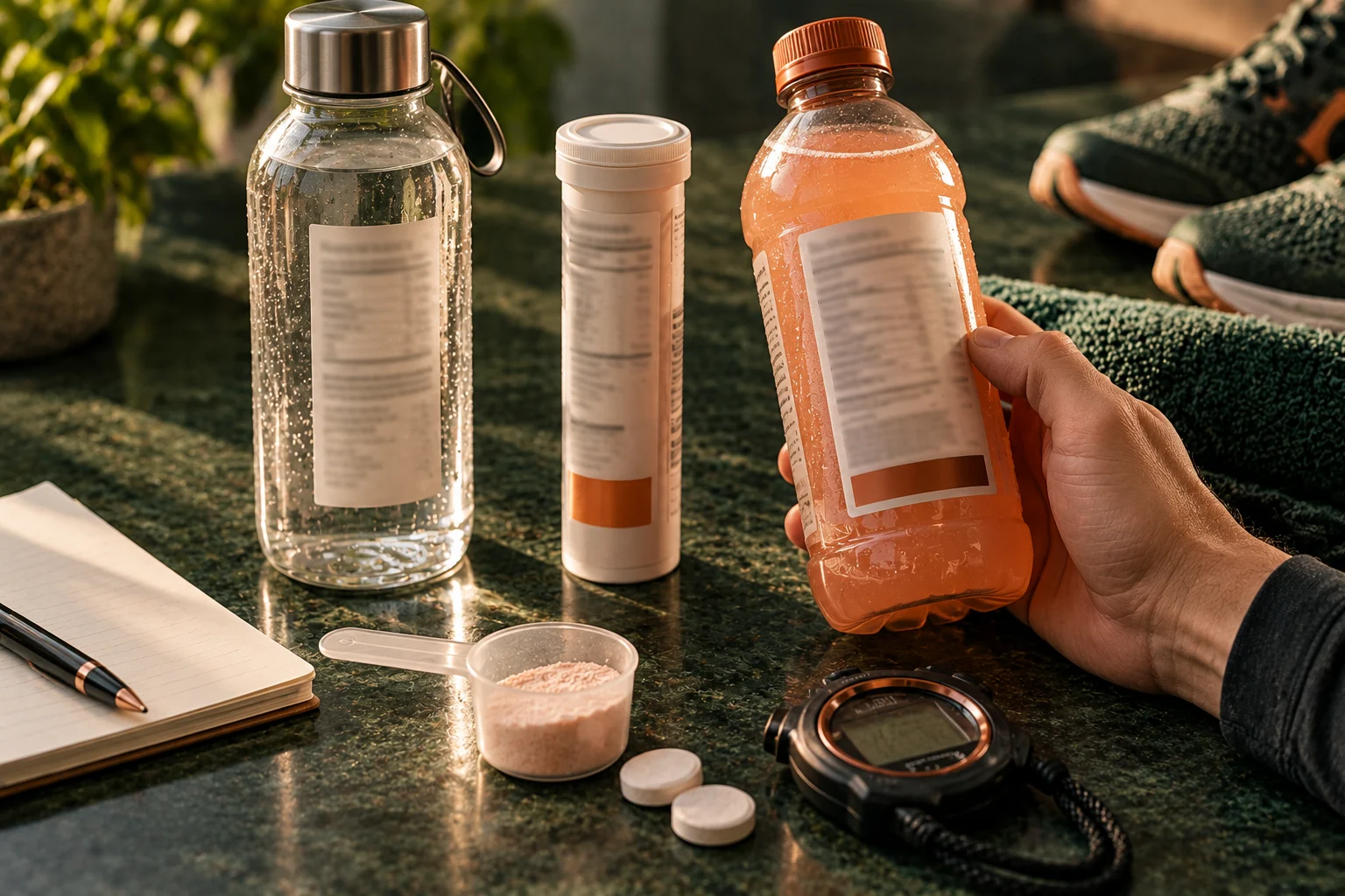 A close editorial view of hydration drinks prepared for label comparison.