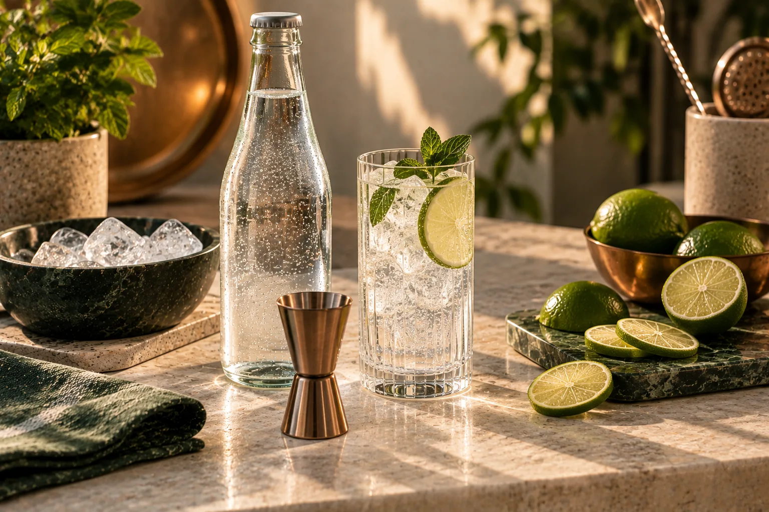 Illustrative unbranded tonic and highball still life with lime, ice, and a jigger