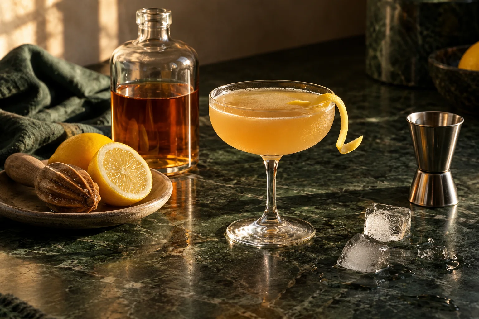 A non-alcoholic whiskey sour setup with lemon, ice, a jigger, and an unbranded amber bottle.